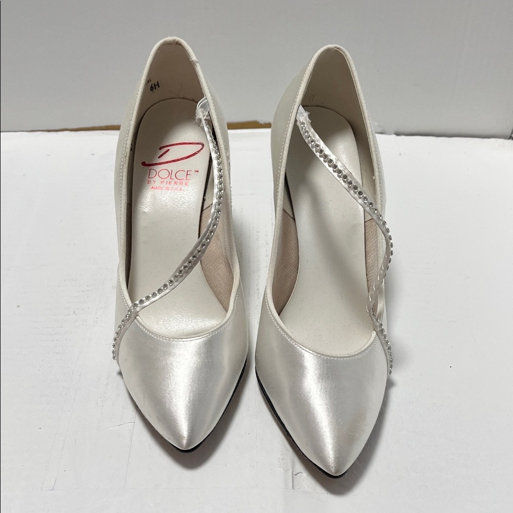 Women's White Satin Heels with Rhinestone Strap